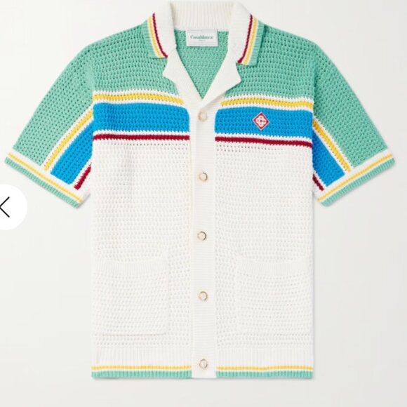 CASABLANCA Camp-Collar Logo-Appliquéd Striped Open-Knit Stretch-Cotton Shirt - Picture 1 of 10